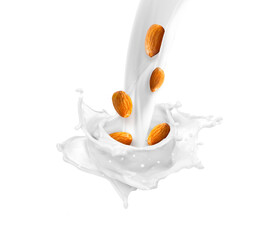 milk splash effect with almonds for design use, transparent background