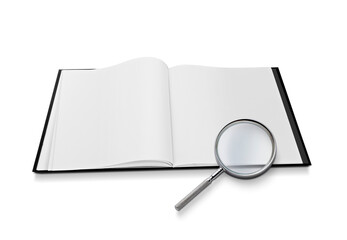 Open book closeup with turning pages and magnifying loupe, transparent background