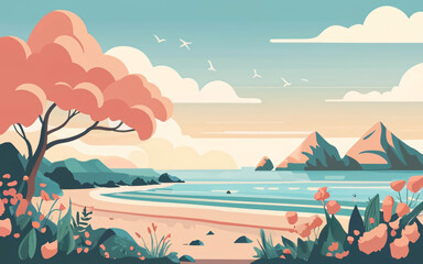 Serene Coastal Spring Landscape Background, poster, banner. Blooming Flowers and Relaxing Atmosphere Concept Design.