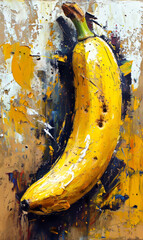 Abstract oil painting on canvas - yellow banana on a colorful background.