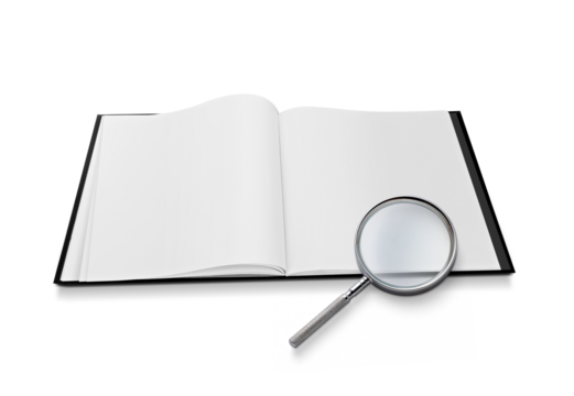 Open book closeup with turning pages and magnifying loupe, transparent background