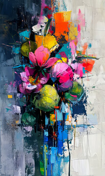 Abstract oil painting on canvas. Colorful flowers. Modern art.