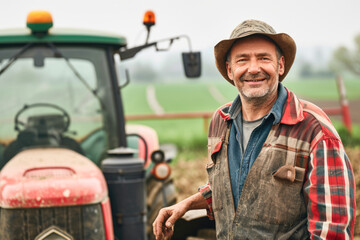 Portrait of happy senior farmer standing in front of tractor on field
