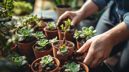 Hands are transplanting home plants into pots - obrazy, fototapety, plakaty