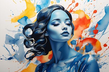 abstract watercolor art with blue light background silhouette of a girl impression of curved lines and spots of paint and ink on a light background, emotional illustration of femininity.