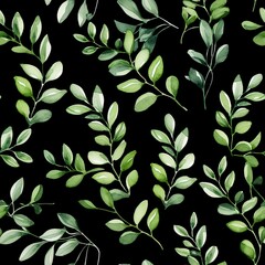 Seamless Pattern of Green Leaves on Black Background