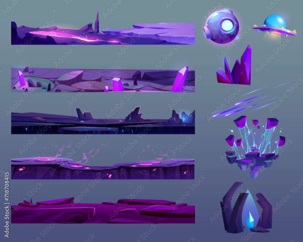 Poster game ui elements set for space design. cartoon vector illustration kit of floating alien planet grou