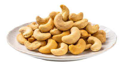 Fototapeta premium Roasted cashew nuts on white plate, isolated on transparent background
