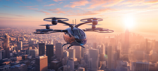 Passenger drone taxis fly in the sky over modern city 