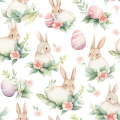Watercolor Pattern of Bunnies and Flowers - Seamless, Delicate, Whimsical Design