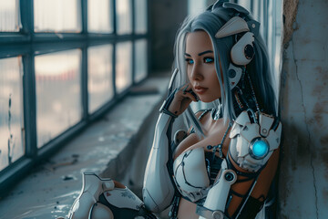 Cybernetic Desire: Stunningly Sexy Cyborg Girl in Erotic Fantasy - obrazy, fototapety, plakaty