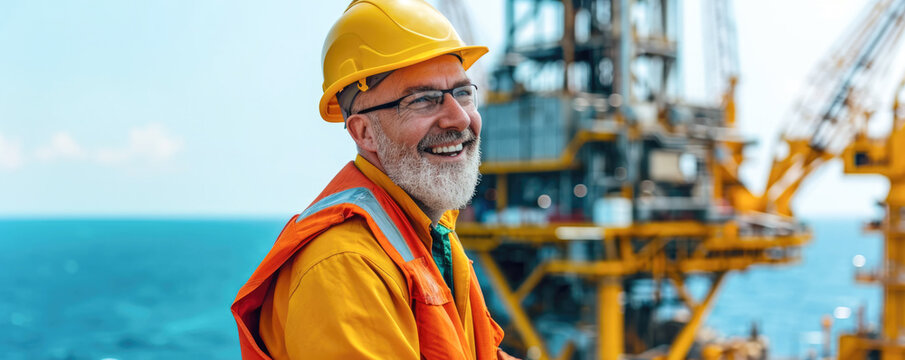 Portrait of smiling senior man in safety helmet and reflective vest standing on offshore platform.