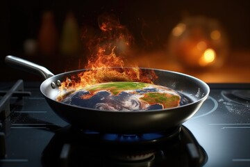 Conceptual image of the planet earth on a cooking pan. Concept of Global warming - obrazy, fototapety, plakaty