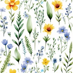 White Background With Yellow and Blue Flowers Pattern