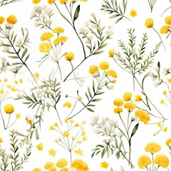 Yellow and White Flowers on White Background, Seamless Pattern of Floral Design