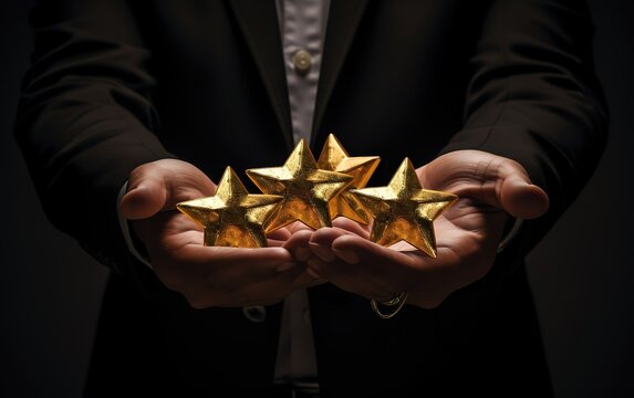 A businessman wearing a black suit carries three Gold stars in his hand. generative AI