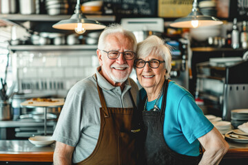 Fototapeta na wymiar Portrait of a senior couple in the kitchen of a restaurant.