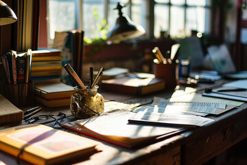Obraz premium Teacher's desk or workspace with ducational materials, books, papers, and teaching tools used in lesson planning.