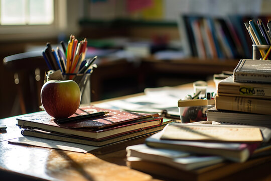 Teacher's desk or workspace with ducational materials, books, papers, and teaching tools used in lesson planning.