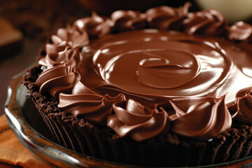 A chocolate silk pie, characterized by its velvety, smooth chocolate filling and a buttery crust