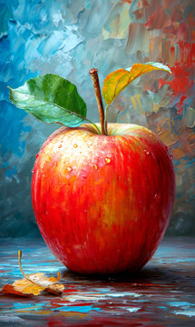 Red apple on a blue background with leaves. Autumn still life.
