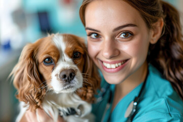 Portrait of happy young female veterinarian with cute dog in vet clinic