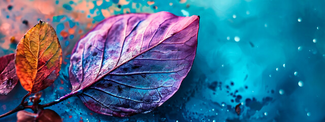 Purple leaf on a blue background. Selective focus.