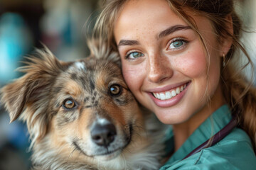 Portrait of a beautiful young veterinarian with a dog in her arms