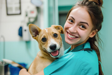 Portrait of a smiling female veterinarian with a dog in a veterinary clinic