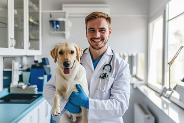 Young male veterinarian examining a dog in the office of a veterinary clinic