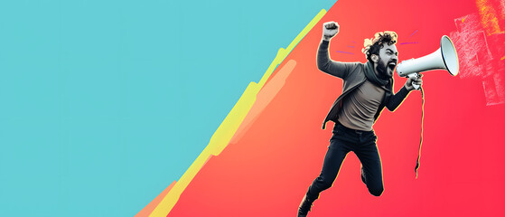Funny portrait of an emotional jumping guy with a megaphone. Collage in magazine style. Flyer with trendy colors
