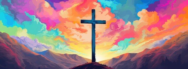 Divine Light: Majestic Cross Amidst Vibrant Skies Inspiring Faith - Generative AI
