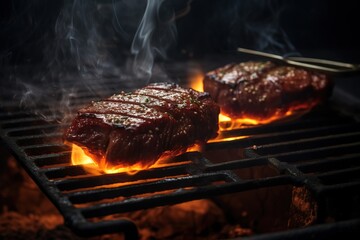 Beef being roasted over a burning fire. generative AI