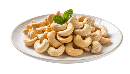 Obraz na płótnie Canvas Roasted cashew nuts on white plate, isolated on transparent background