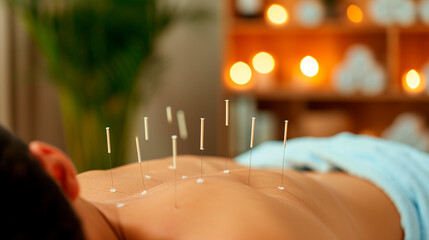 Acupuncture in a spa salon. Selective focus. - obrazy, fototapety, plakaty