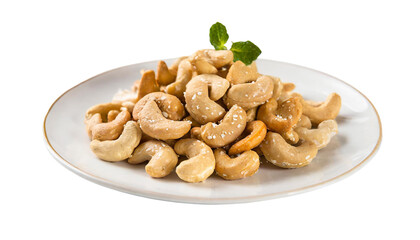 Fototapeta premium Roasted cashew nuts on white plate, isolated on transparent background