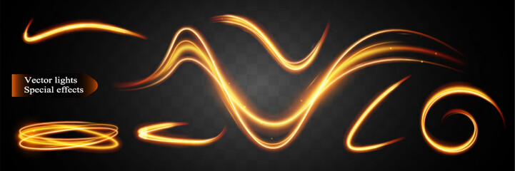 Light wave,shiny gold lines.Color glowing design element.Wavy bright stripes.Vector illustration.
