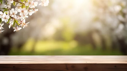 Foto op Plexiglas Spring background with empty wooden table. Empty wooden table in spring blooming cherry orchard during sunny day. Natural template for product display with cherry blossoms bokeh. Generative Ai © mahaart