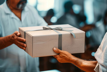 Delivery, cardboard box and man holding a package for courier business company or moving in concept. Closeup, cropped and parcel handover to consumer for online shopping, ecommerce or shipment - obrazy, fototapety, plakaty