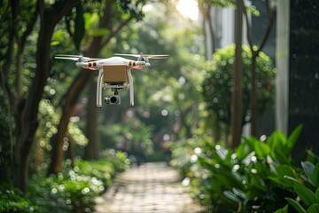 Garden of green tech, drone delivery smart home. Urban air transportation, rotor technology eVTOL packages and parcels delivered. Aerial home delivery logistic of modern transportation technology.