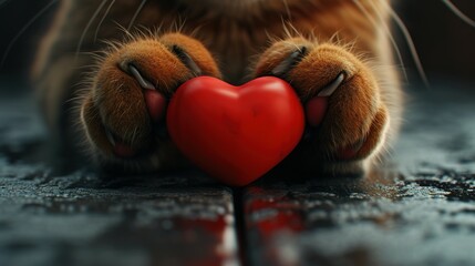 A red 3d heart in the paws of a cat. copy space Ai Generated