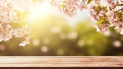 Naklejka na ściany i meble Spring background with empty wooden table. Empty wooden table in spring blooming cherry orchard during sunny day. Natural template for product display with cherry blossoms bokeh. Generative Ai