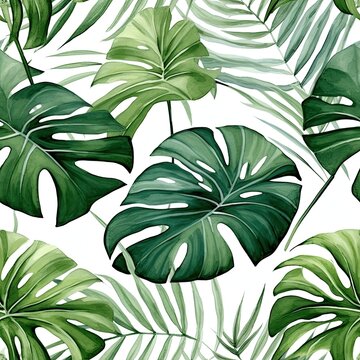 Seamless Pattern of Green Leaves on White Background
