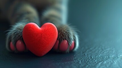 A red 3d heart in the paws of a cat. copy space Ai Generated
