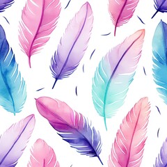 Watercolor Feathers on White Background Pattern for Seamless Design