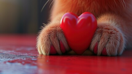A red 3d heart in the paws of a cat. copy space Ai Generated