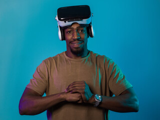 In an avant-garde scene, an African American man engages in cutting-edge virtual reality gaming,...