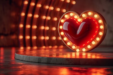 red heart on a podium in a dark room for cosmetics with a red heart .Valentines day background with heart and light bulbs.