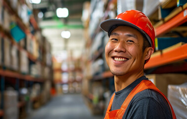 Fototapeta premium Warehouse, business and man employee or manager checking with happy smile for courier service, delivery or exports. Confident, successful and hard working male at factory for parcels or inventory