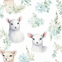 Seamless Pattern of Sheep and Flowers on a White Background